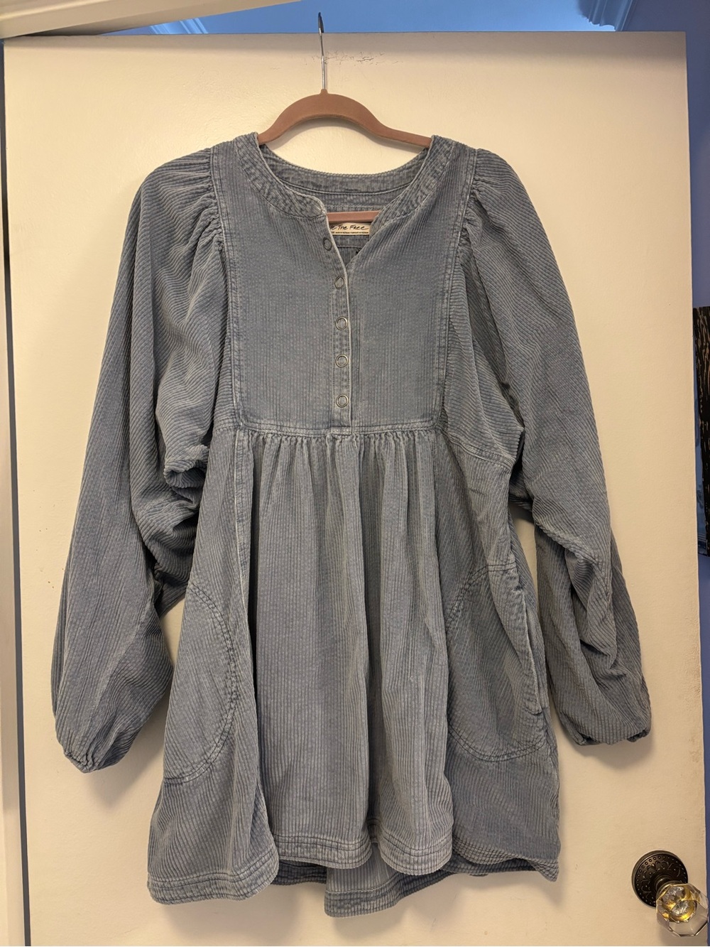 We the Free People Light Blue Corduroy Tunic Top mini dress L boho long sleeve